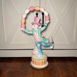 Pastel Easter Bunny Figurine Juggling Easter Eggs and Macaroon